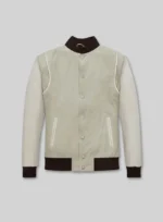 Cream Beige Suede Varsity Noir Leather Jacket