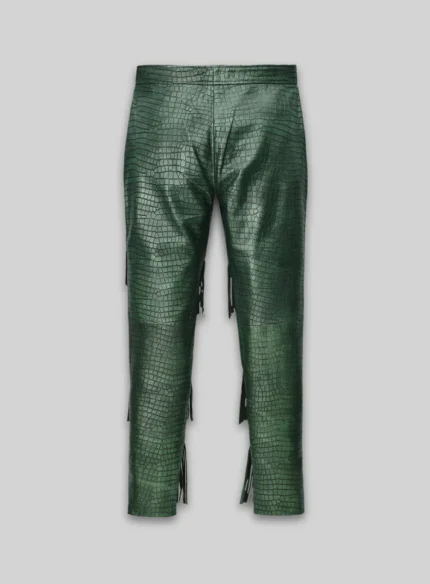 Croc Metallic Green Tiered Fringes Leather Pants